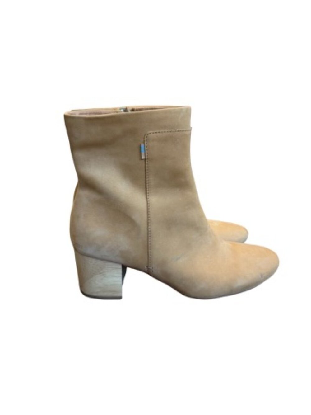 Toms Tan Suede Ankle Boots Wood Block Heel Booties Comfortable Size 9.5 Women's